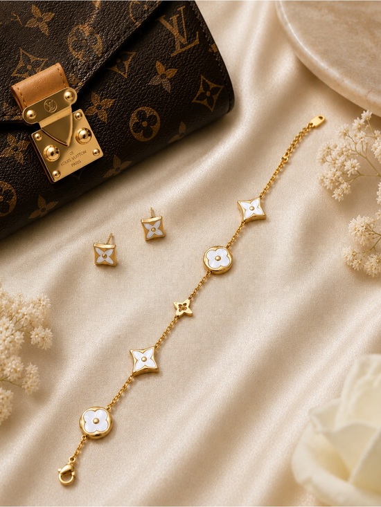 Fashion Jewelry Jewelry - Gold and White Floral Motif Bracelet with Matching Stud Earrings